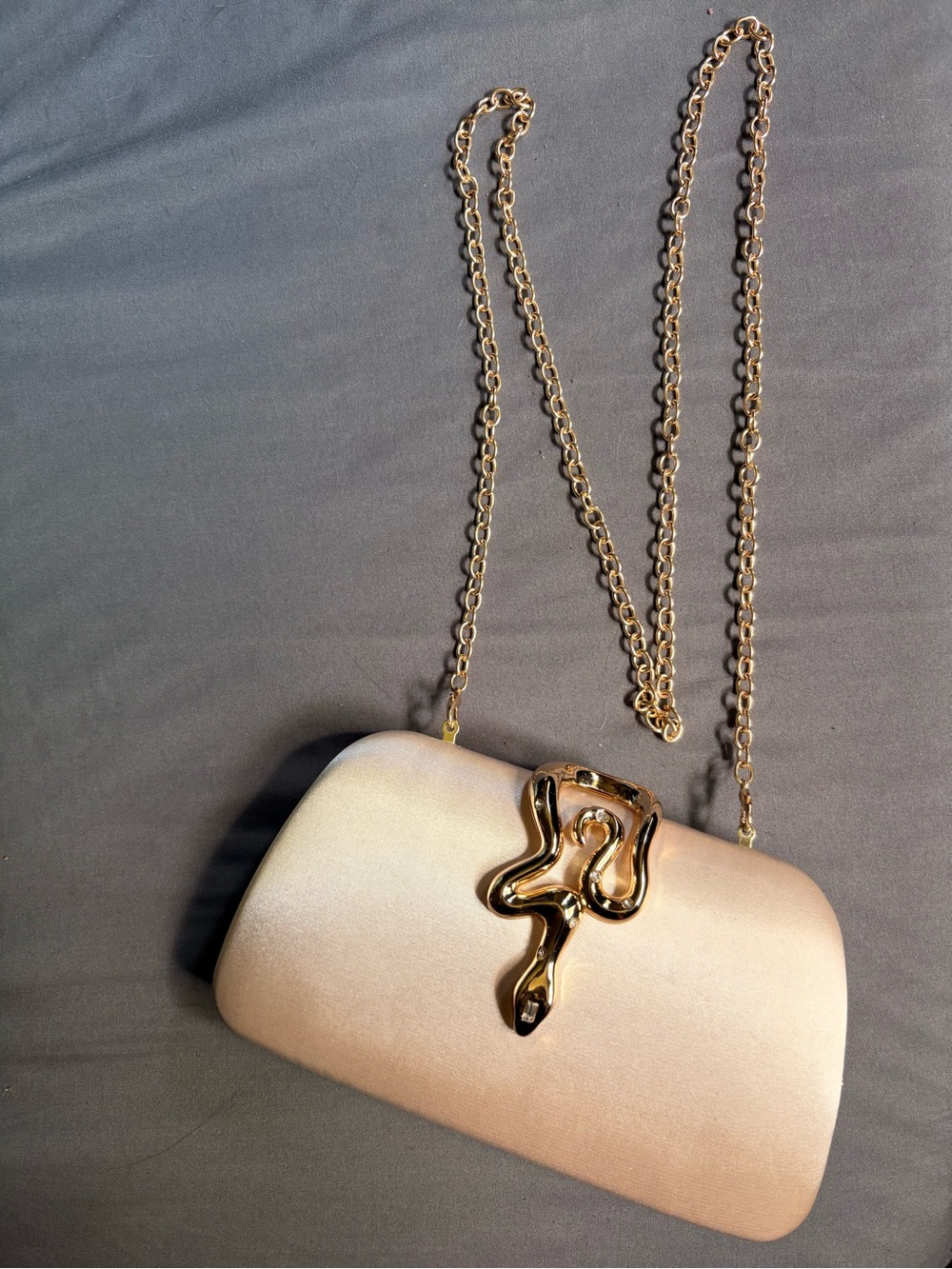 purse with gold chain and snake with demands down it.